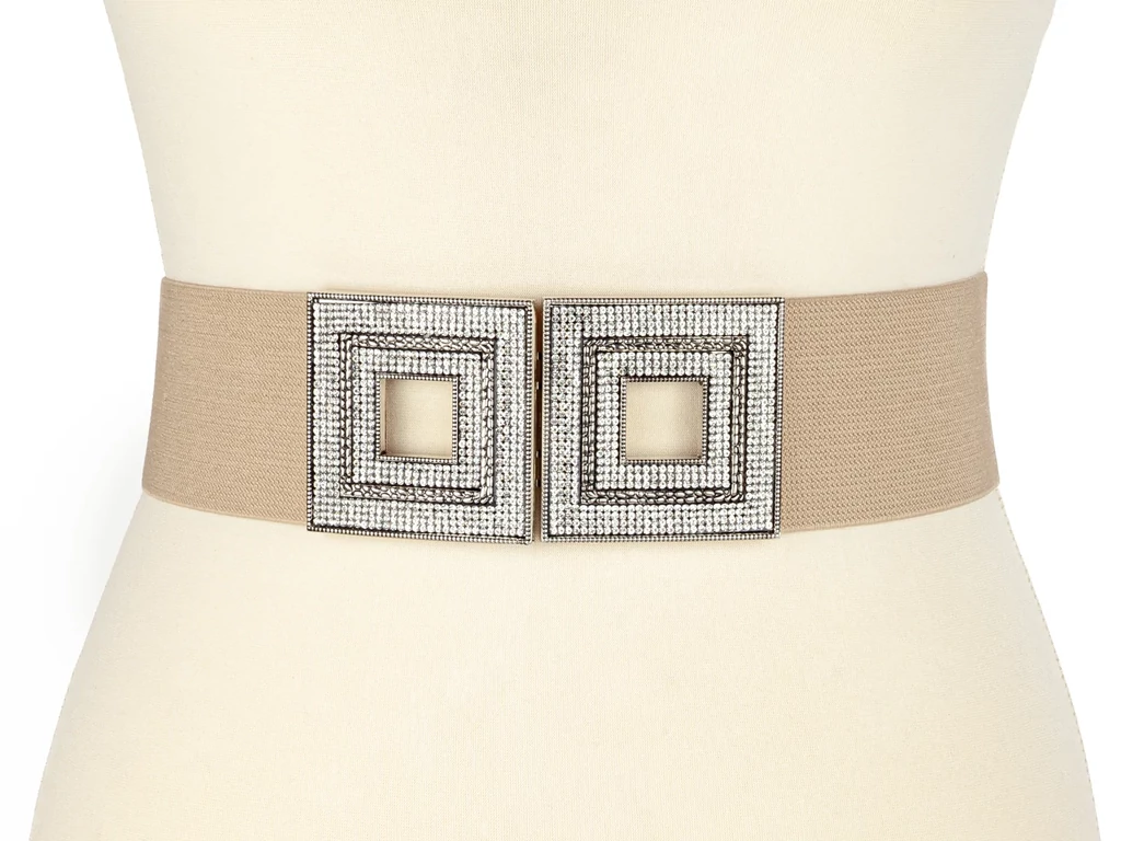 Strasszos női gumis öv - beige