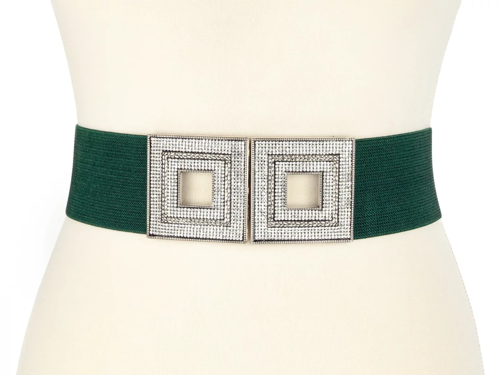 Strasszos női gumis öv - sötétzöld