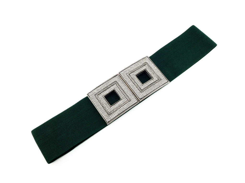 Strasszos női gumis öv - sötétzöld